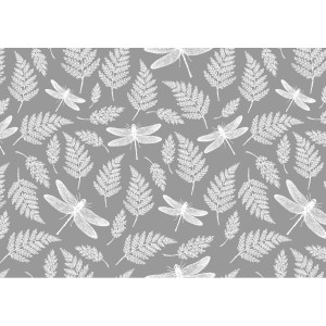 d-c-fix Tischdecke Dragonfly Fairy, ø 140 cm, mit Libellen und Farnmuster in Weiß auf Grau.