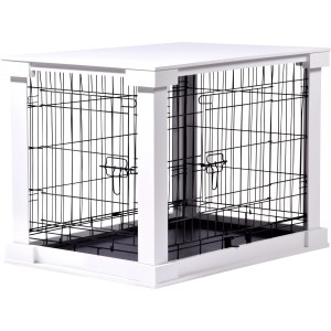 Weiße Hundebox Indoor mit Tischoberfläche und schwarzem Gitter.