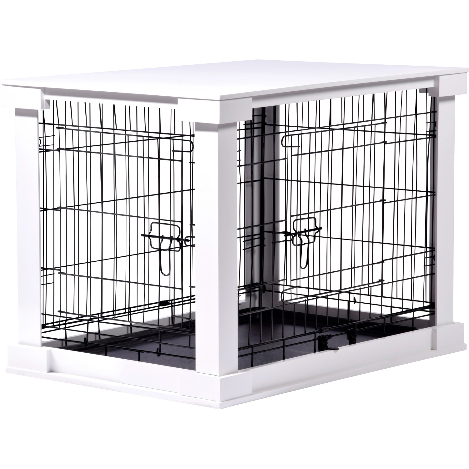 Weiße Hundebox Indoor mit Tischoberfläche und schwarzem Gitter.