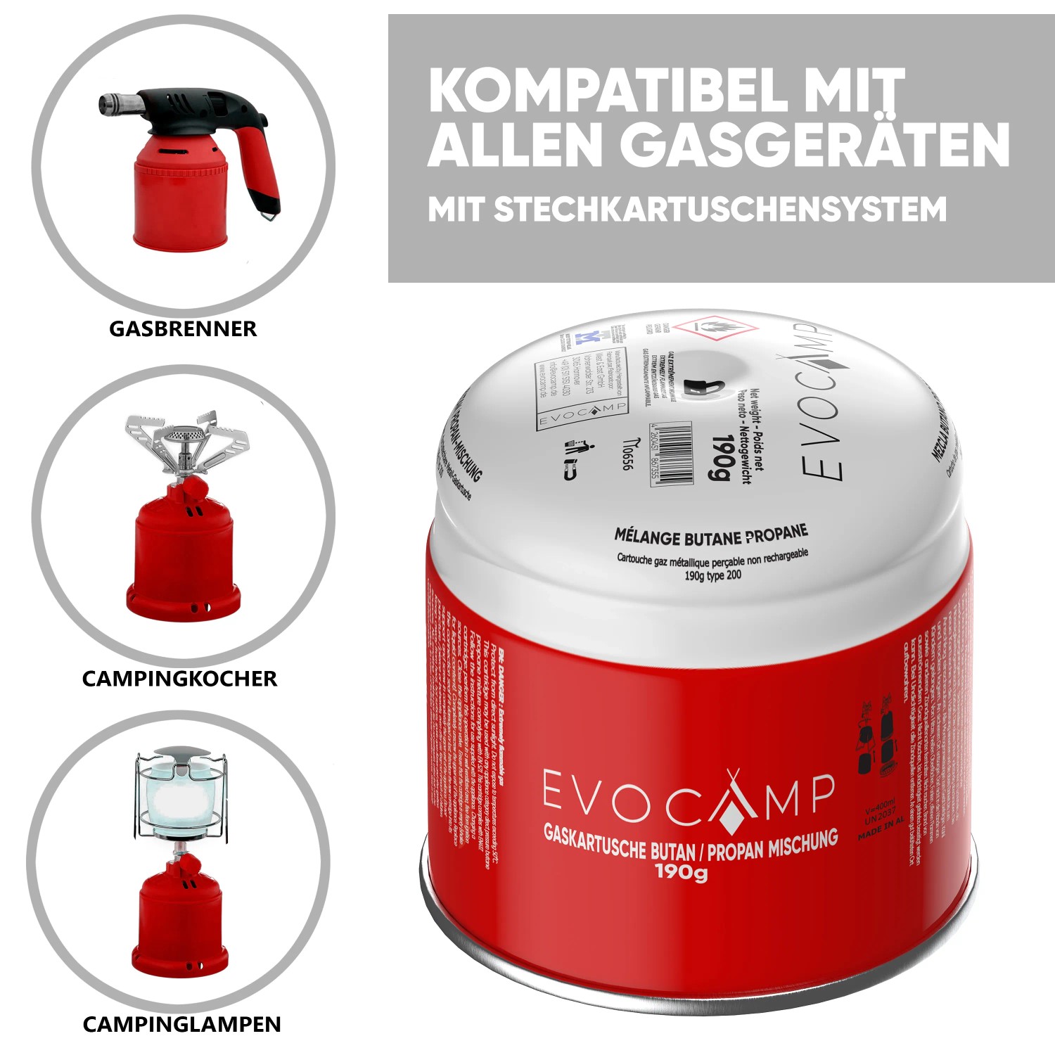 Evocamp Gaskartusche 190g, Butan-Propan Gemisch für Campingkocher, Gasbrenner und Heizgeräte.