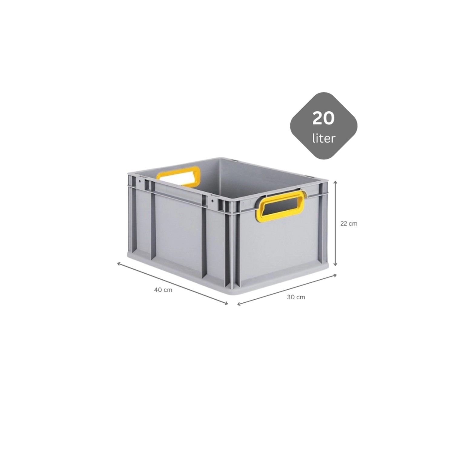 Graue PROREGAL Eurobox mit gelben Griffen, 22x30x40 cm, ideal zur Aufbewahrung.