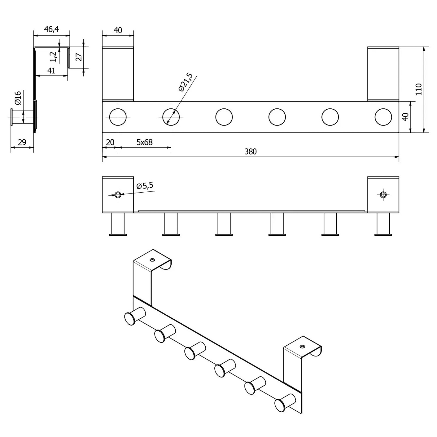Technische Zeichnung: SOTECH Türgarderobe LINEA II, Edelstahl schwarz matt, 6 Haken, Maße und Details.