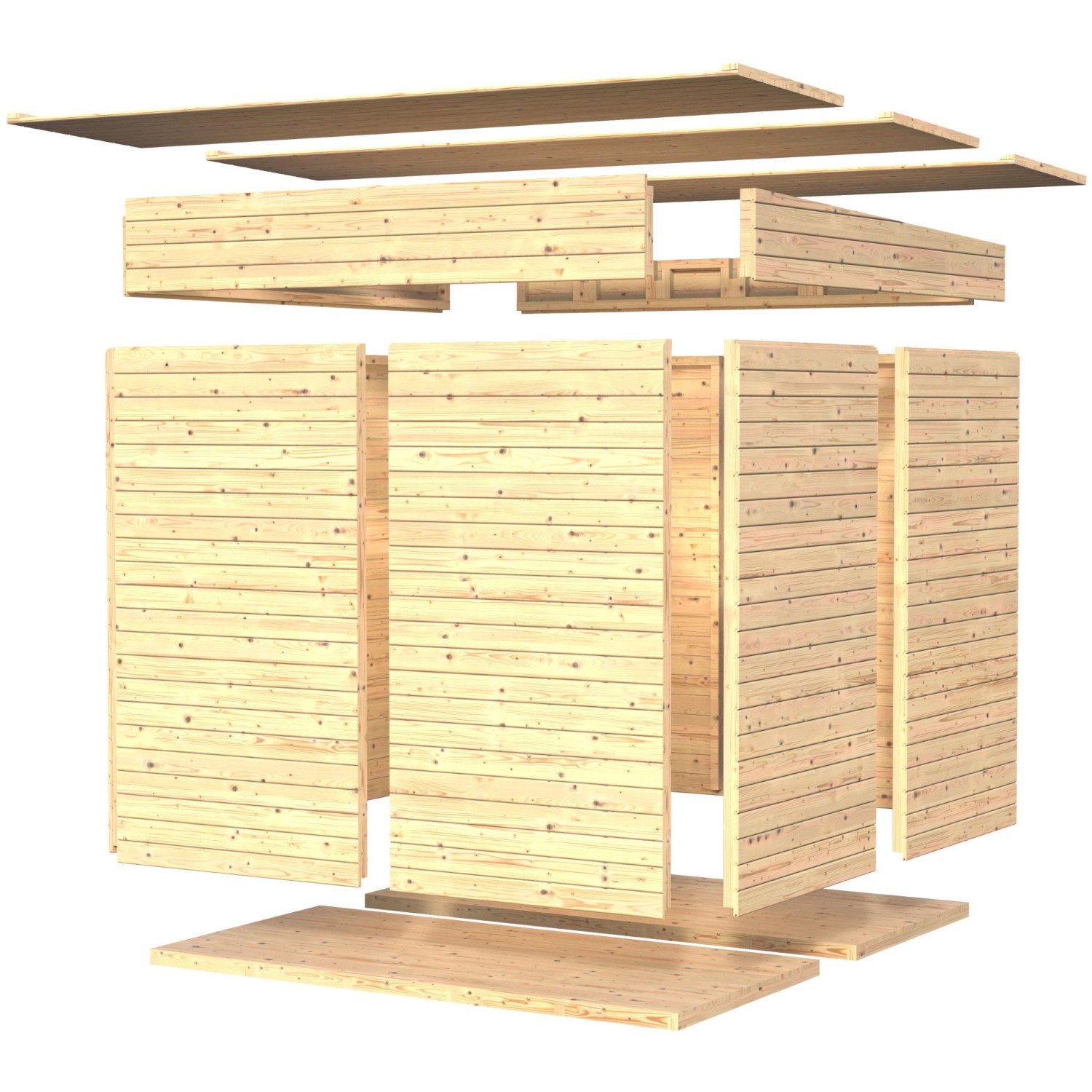 Explosionszeichnung des Bertilo Gartenhaus Amrum 2 aus Holz, 180x174 cm, mit Elementbauweise.