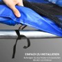 Detailaufnahme der Befestigung einer blauen SPORTNOW Trampolin Randabdeckung am Trampolinrahmen.