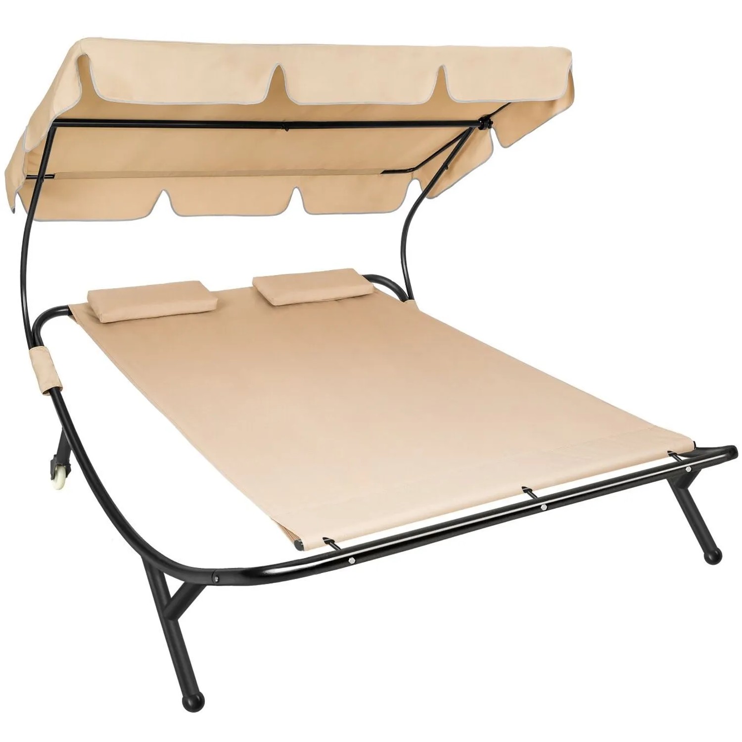 Tectake Gartenliege Livorno Für 2 Personen Stufenlos Verstellbares Sonnendach  195 x 185 x 175 cm Schwarz Beige
