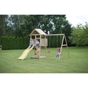 Wendi Toys Kinderspielturm Pinguin mit Kletterwand, Rutsche und Doppelschaukel im Garten.