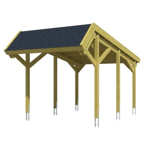 Skan Holz Carport Harz, grüne Holzkonstruktion mit schwarzen Schindeln, 321x560 cm.