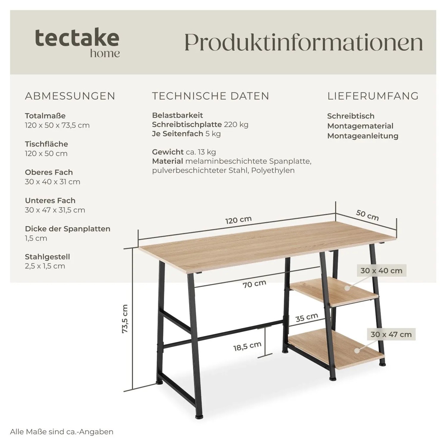 Detailzeichnung Tectake Schreibtisch Paisley Industrial Style, Maße und Materialangaben.