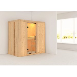 Karibu Sauna Natur: Elementsauna mit Glastür, Holzbank und Ofenschutzgitter. Ideal zum Entspannen.