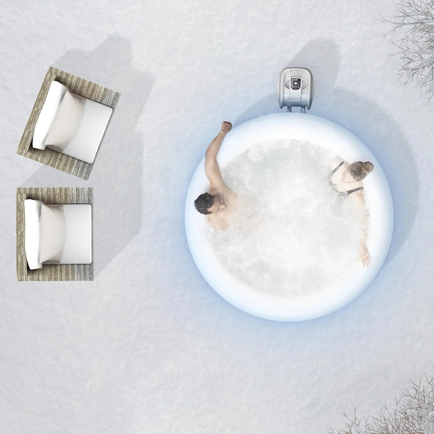 Aufblasbarer Bestway Whirlpool Lay-Z-Spa Hollywood mit zwei Personen im Winter und zwei Liegen.