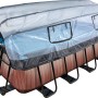 EXIT Wood Pool, braun, 400x200x122 cm mit Abdeckung. Stahlrahmenpool mit Holzoptik und transparenter Poolabdeckung.