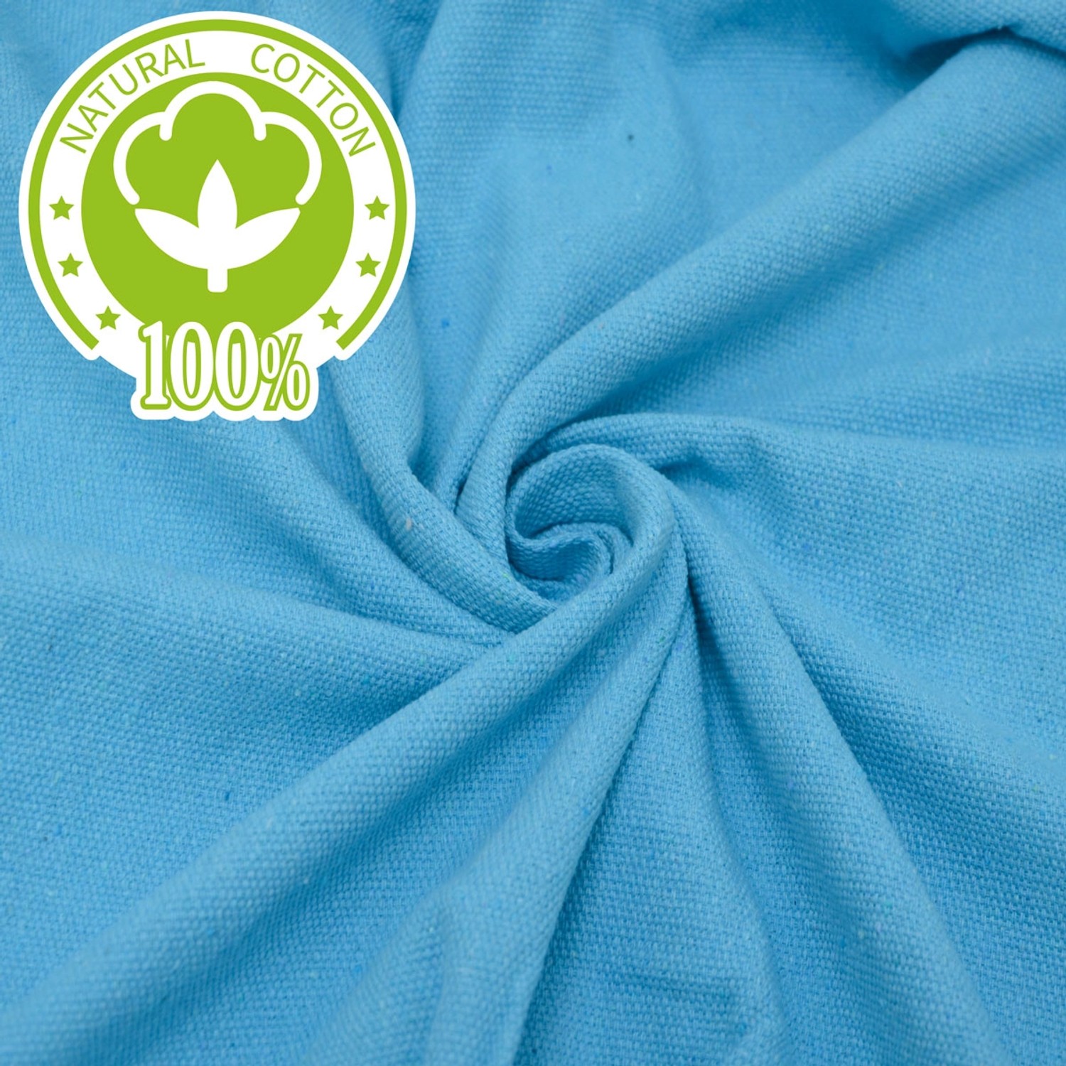 Blauer Baumwollstoff des AMANKA Hängesessels mit "100% Natural Cotton" Logo.