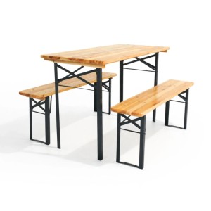 Klappbare, lackierte Bierzeltgarnitur aus Holz und Stahl, bestehend aus Tisch und zwei Bänken.