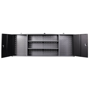 Werkstattschrank Frank, Teil des Ondis24 Werkstatt Sets, mit offenen Türen und Lochwand für Werkzeug.