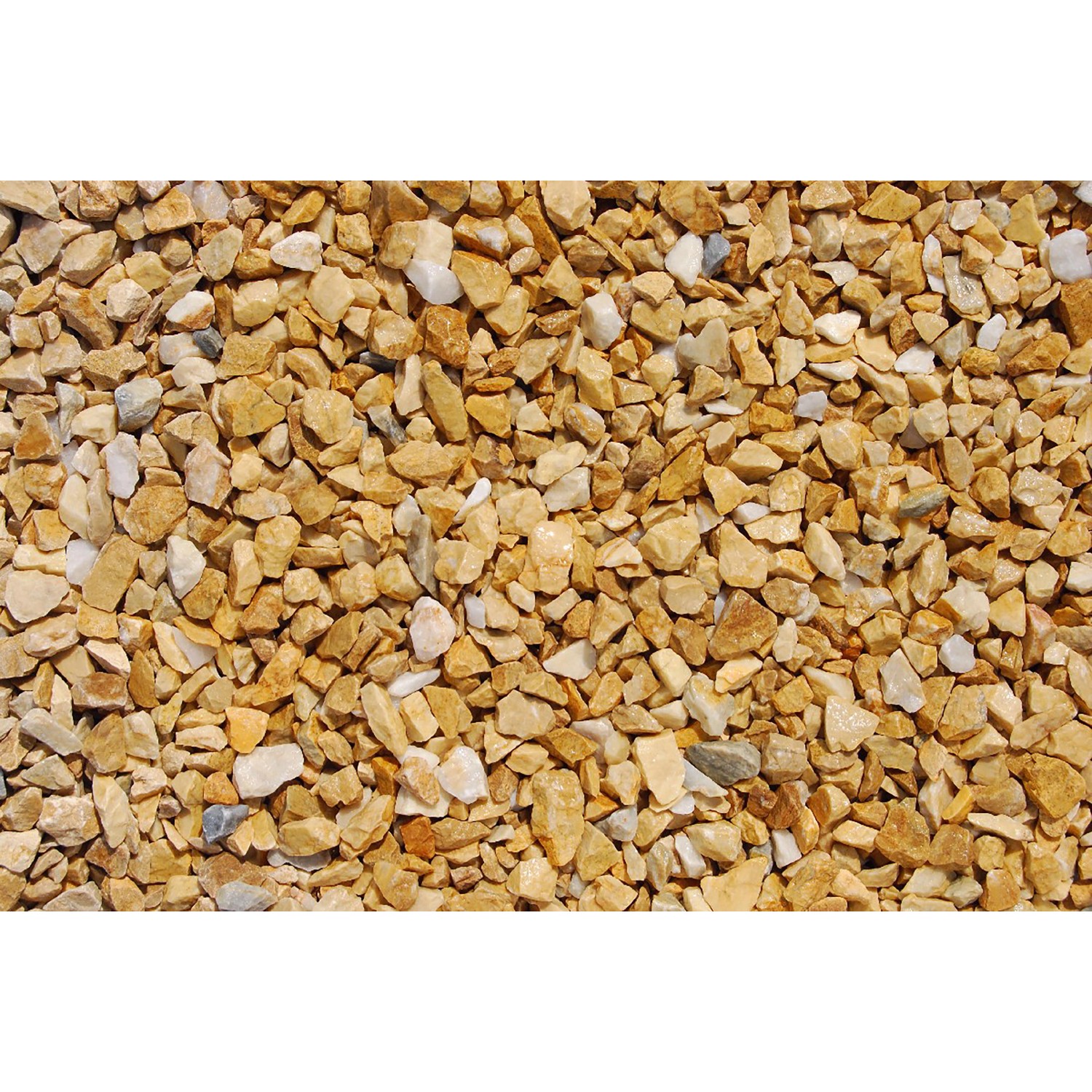 Nahaufnahme von Gold-Ocker Marmorsplitt (8-12 mm) als Zierkies.