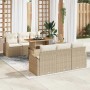 Beiges 7-teiliges vidaXL Garten-Sofa-Set aus Poly Rattan mit Tisch und Stauraum.