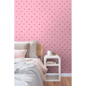ESTAhome Vliestapete mit rosa Hintergrund und roten Herzchen. Dekorative Tapete für Schlafzimmer oder Mädchenzimmer.