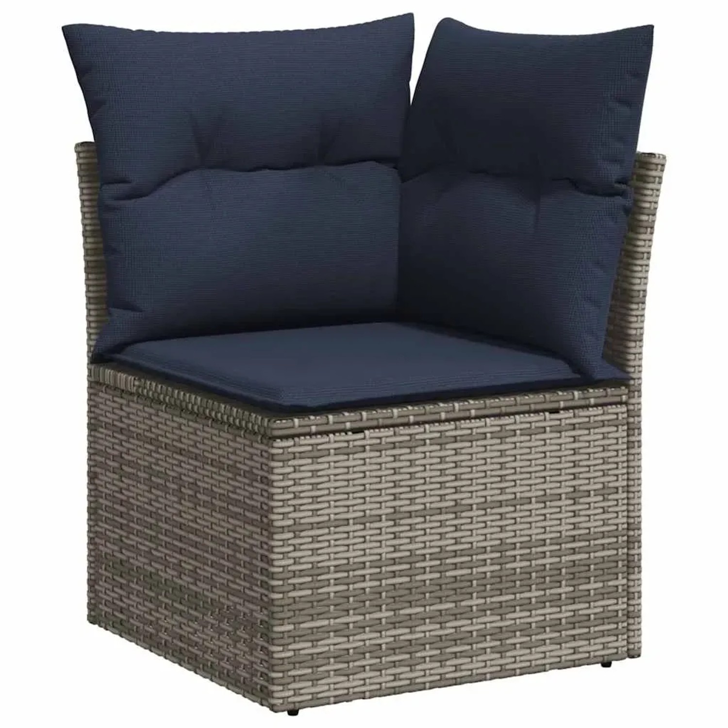 Graues Garten-Ecksofa aus Rattan mit marineblauen Kissen, Teil einer vidaXL Sofagarnitur.