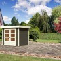 Modernes Karibu Holz-Gartenhaus Raala 2 in Terragrau mit Doppeltür und Fenstern.