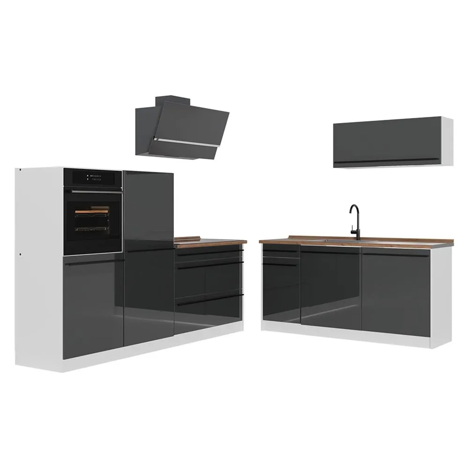 Vicco Küchenzeile R-Line Anthrazit Hochglanz/Weiß 220 x 143 Arbeitsplatte Goldkraft Eiche Art Nr 72244