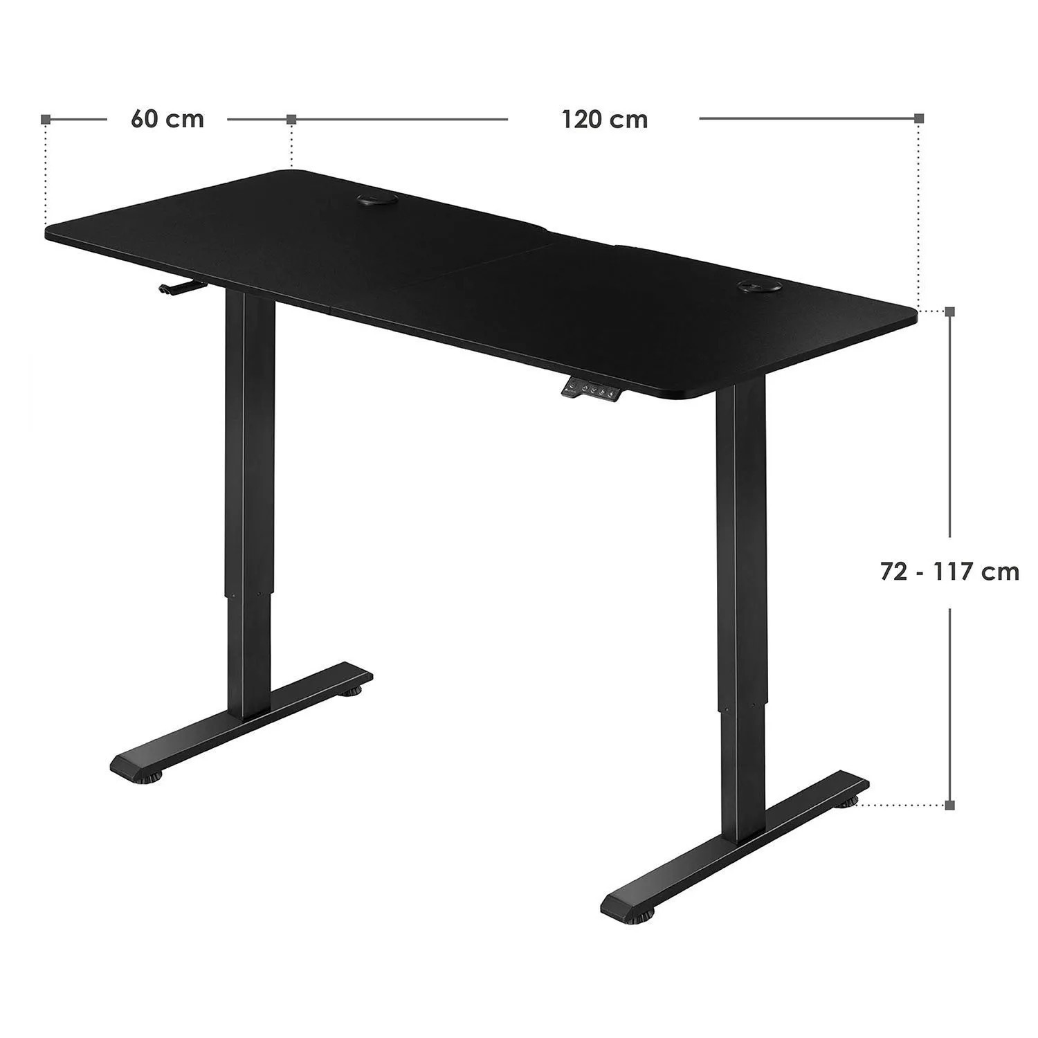 Schwarzer, höhenverstellbarer Juskys Schreibtisch Office Stand (120x60 cm) mit Maßangaben.