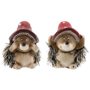 Zwei Keramik Igel Figuren mit Stoffhut, braun-rot-weiß, 7 cm, als herbstliche Dekoration.