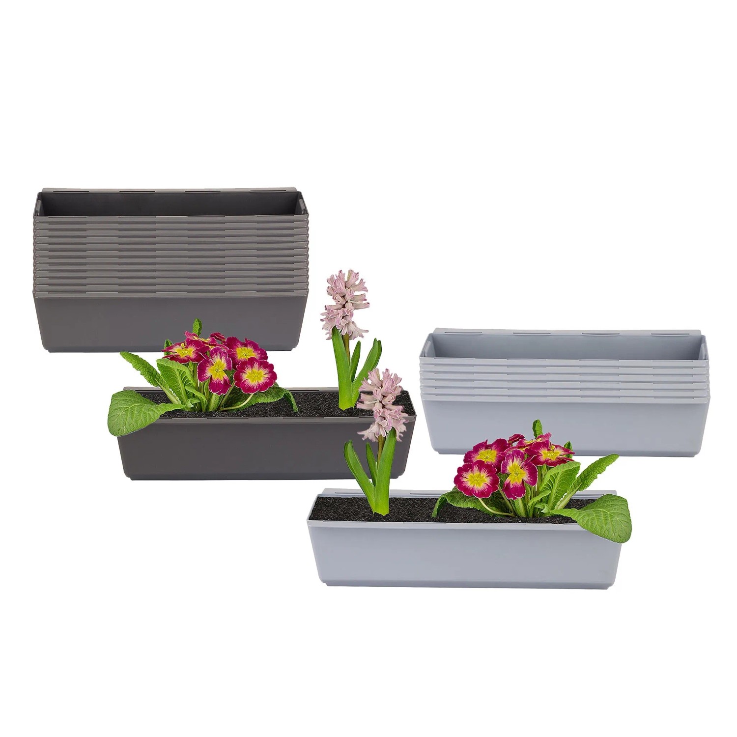 Graue und anthrazitfarbene rechteckige Paletten Blumenkästen mit Rillenstruktur, teils bepflanzt. Ideal für Europaletten und Balkon.
