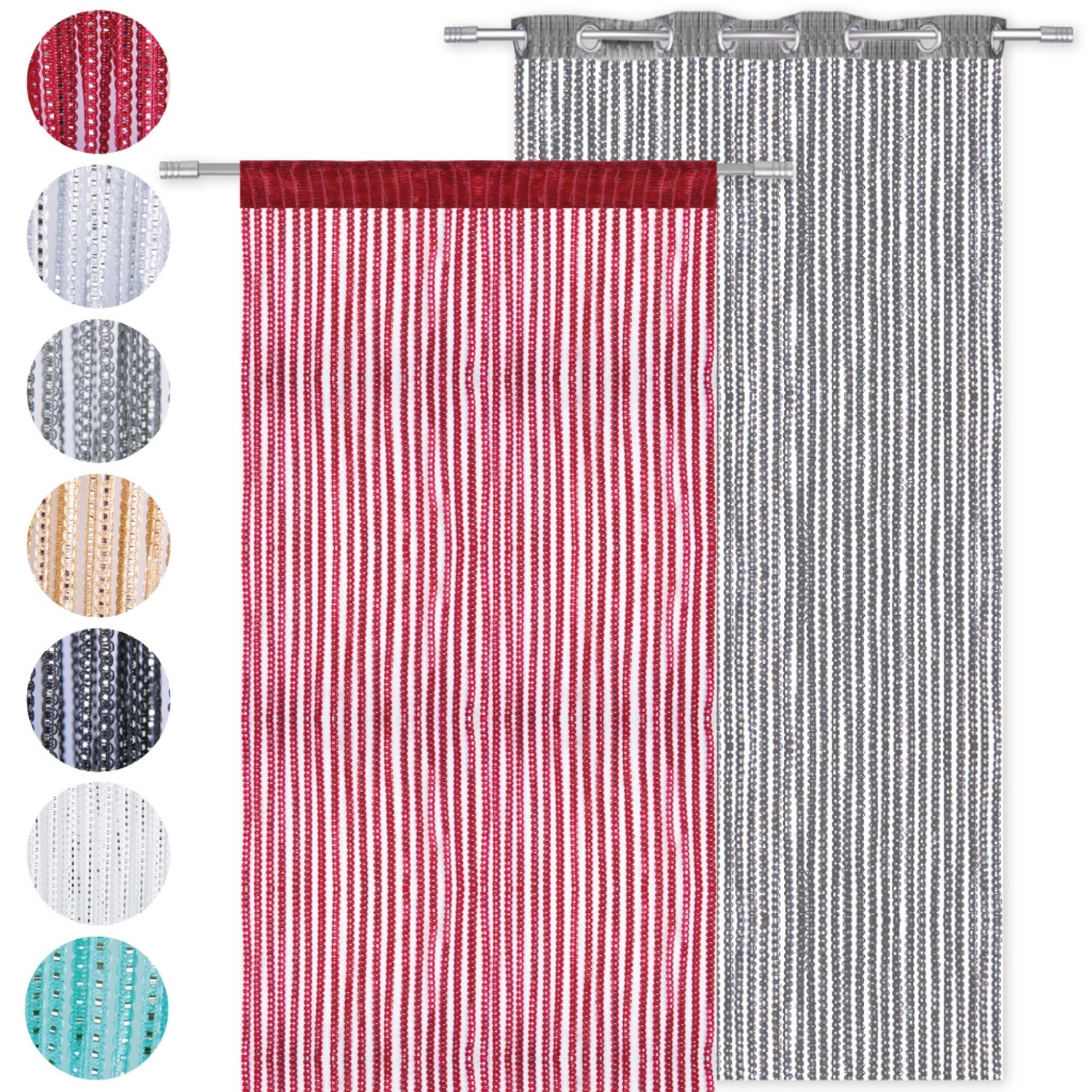 Arsvita Fadenvorhänge in Silber und Rot, Gardinen mit Metall-Optik und Stangendurchzug.