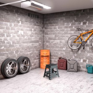Grau-schwarzer Relaxdays XL Klapphocker aus Kunststoff, faltbar und rutschfest, in einer Garage.