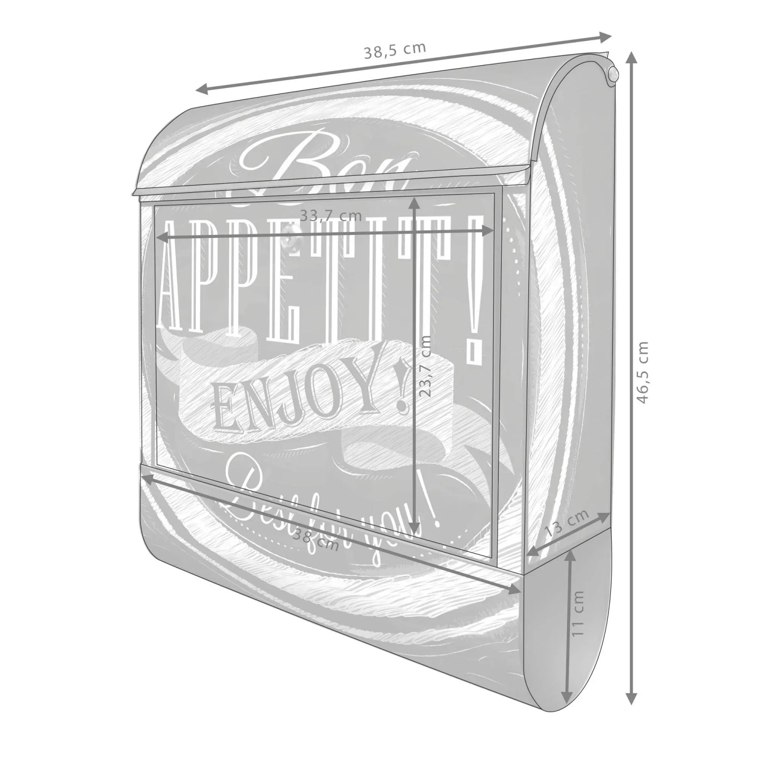 Schwarzer Banjado Design Briefkasten mit Bon Appetit Motiv und Zeitungsfach, 39x47x14cm.