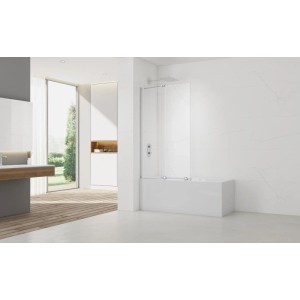Moderne Badewannenabtrennung Walk-In Xmotion mit 2-teiliger Glasschiebetür und Chromprofil auf weißer Badewanne.