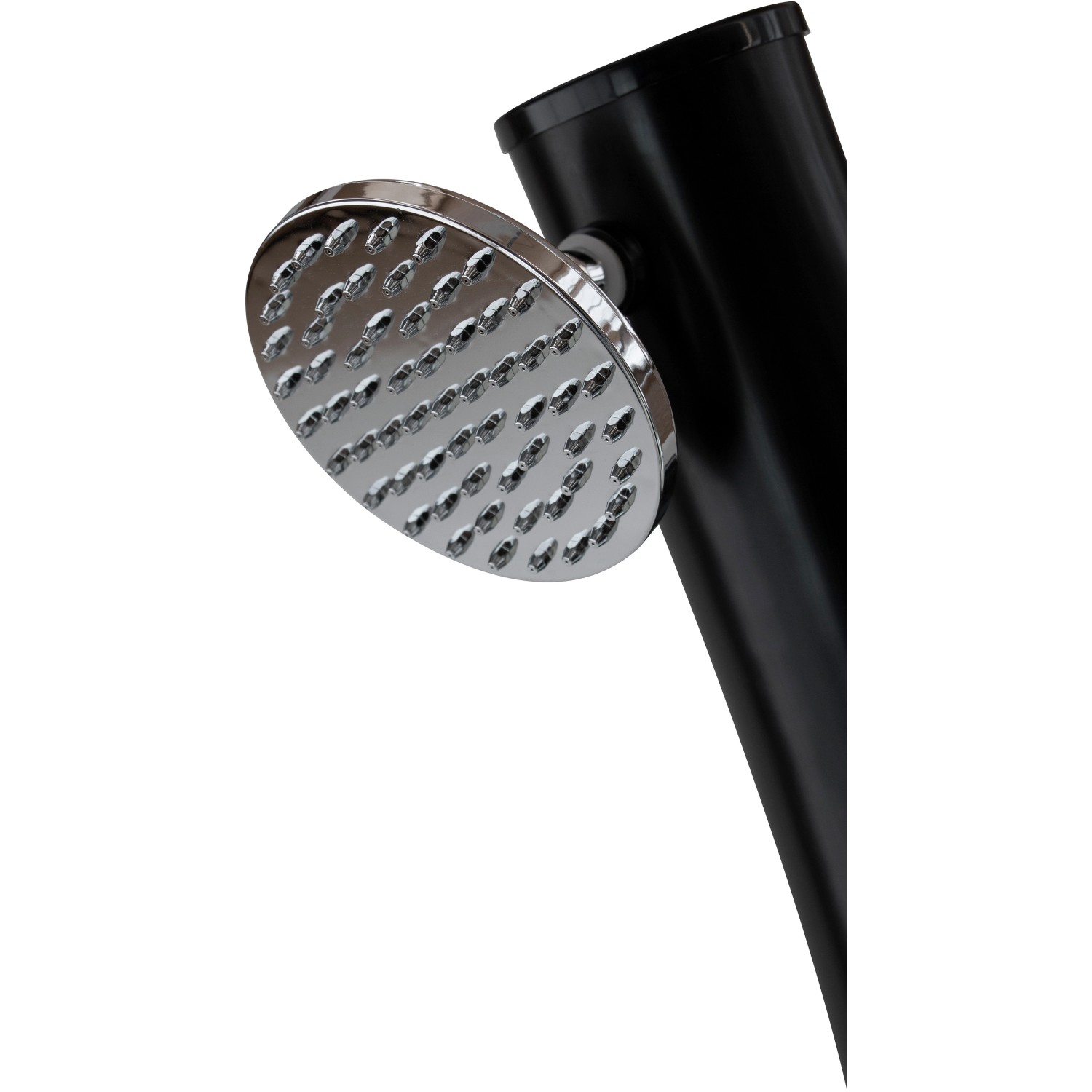 Detailaufnahme: Summer Fun Solardusche Menorca mit Chrom-Duschkopf und schwarzer Säule.