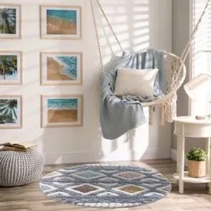 Runder payé Teppich Nara-3382 mit Rautenmuster in Pastell-Multi, 200x200 cm. Hochflor-Teppich im Boho-Stil.