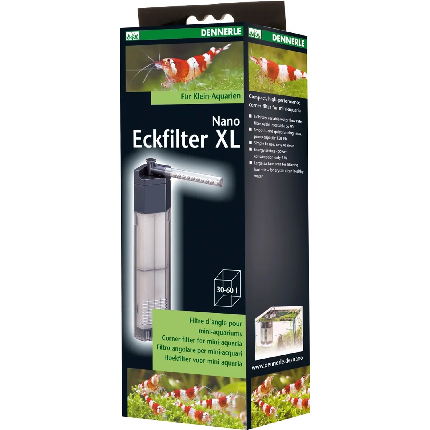 Verpackung des Nano Eckfilter XL für Aquarien. Kompakter Innenfilter für Mini-Aquarien.