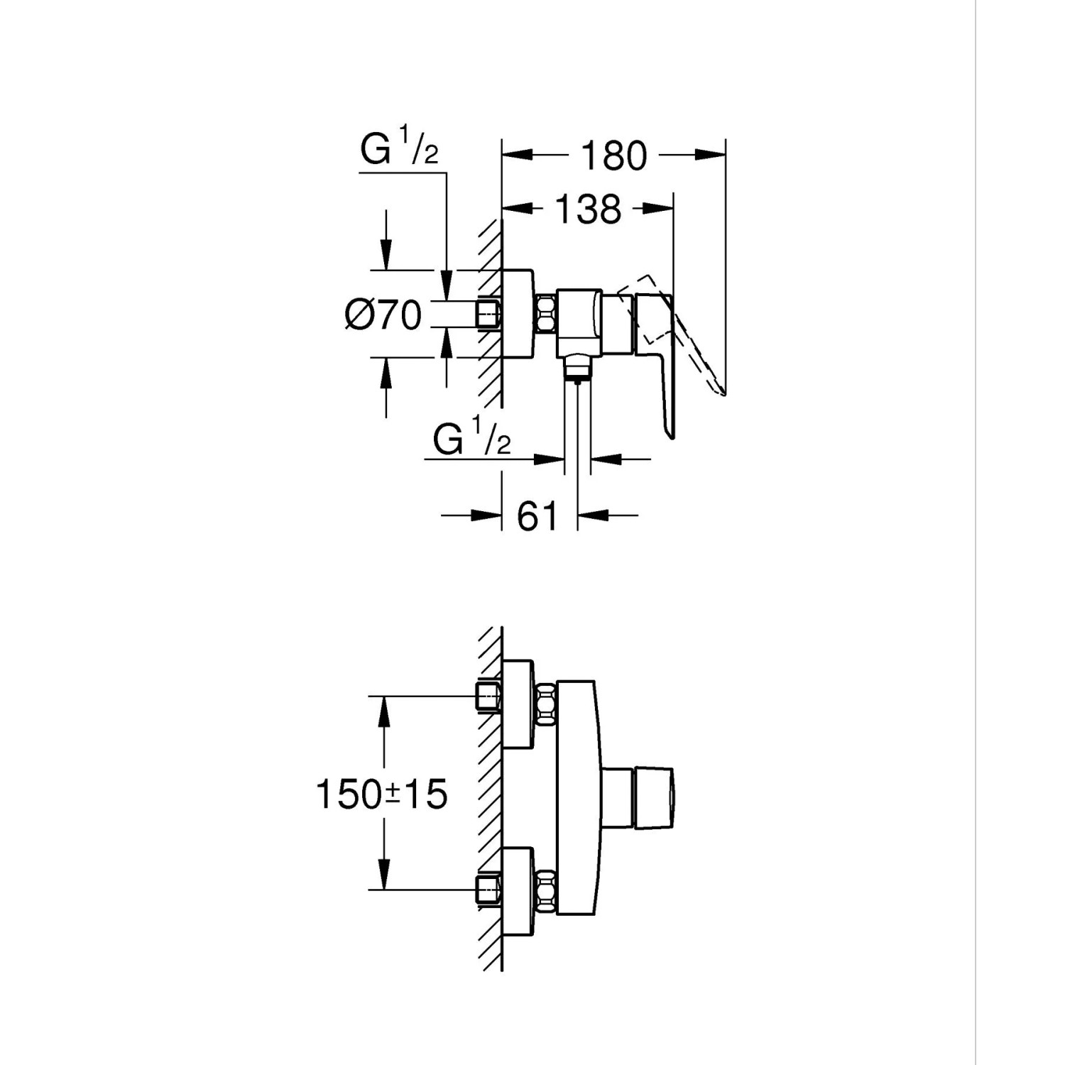 Technische Zeichnung der Grohe QuickFix Brausearmatur Start für Wandmontage mit Maßangaben.