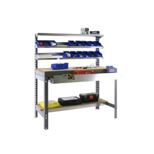 Graue PROREGAL Werkbank Buffalo mit Schubfach und Ablagen, beladen mit Werkzeugen und Zubehör.