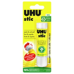 UHU Stic Klebestift, 21g, lösungsmittelfrei. Gelber Hintergrund, weißer Stift mit roter Kappe.
