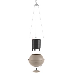 Lechuza Hängeampel Bola Color 23 in Sandbraun, zerlegt dargestellt. Ideal für Innen- und Außenbereich.