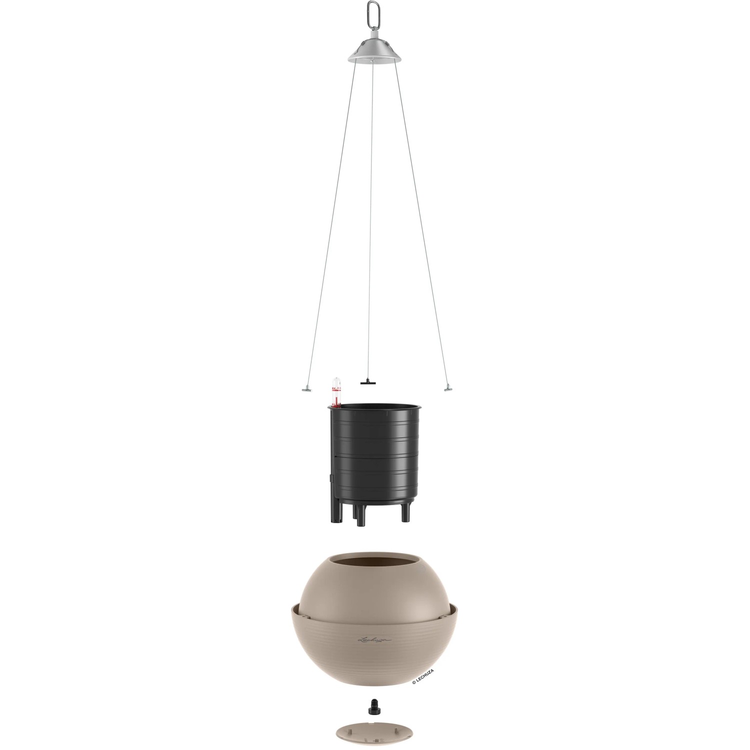 Lechuza Hängeampel Bola Color 23 in Sandbraun, zerlegt dargestellt. Ideal für Innen- und Außenbereich.