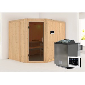Karibu Sauna mit Bio-Ofen und externer Steuerung aus naturbelassenem Holz.