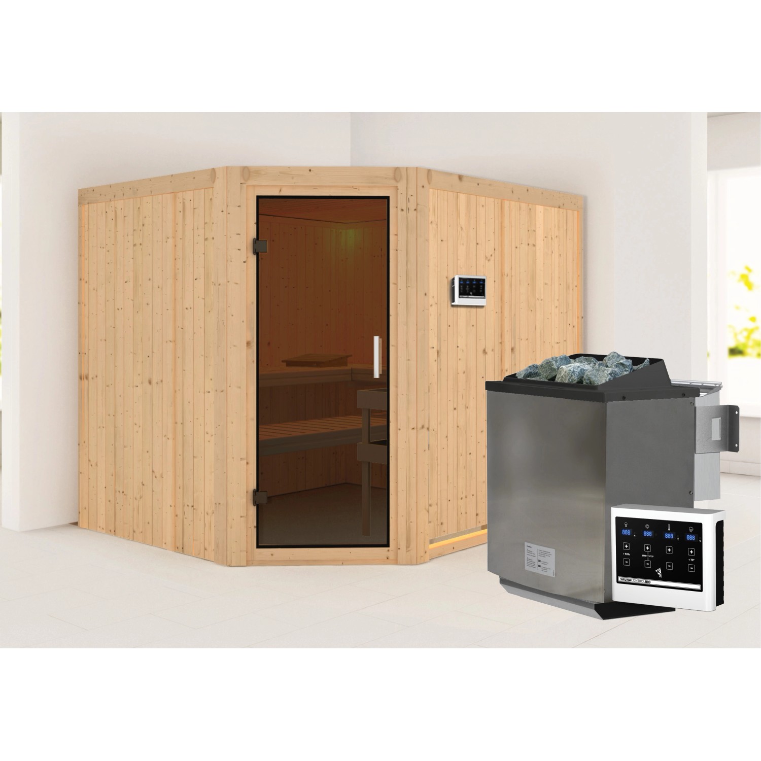 Karibu Sauna mit Bio-Ofen externe Stg.Natur günstig online kaufen