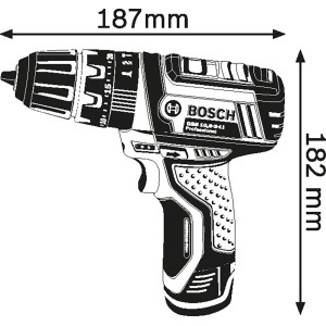Bosch Professional GSB 12V-15 Akku-Schlagbohrschrauber, Abbildung mit Maßangaben.