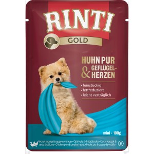 Rinti Gold Hundenassfutter Huhn & Geflügel, 100g, mit kleinem Hund auf der Packung.