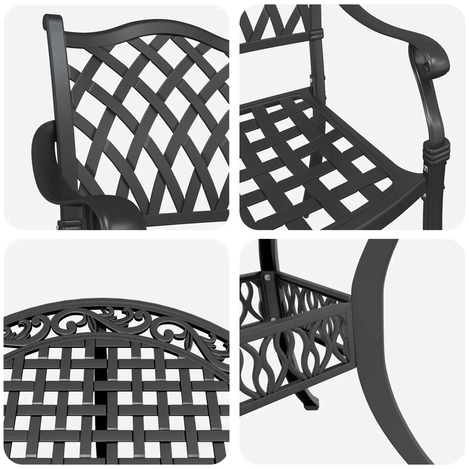 Detailansicht der schwarzen vidaXL Garten-Essgruppe aus Aluminiumguss mit geometrischem Muster.