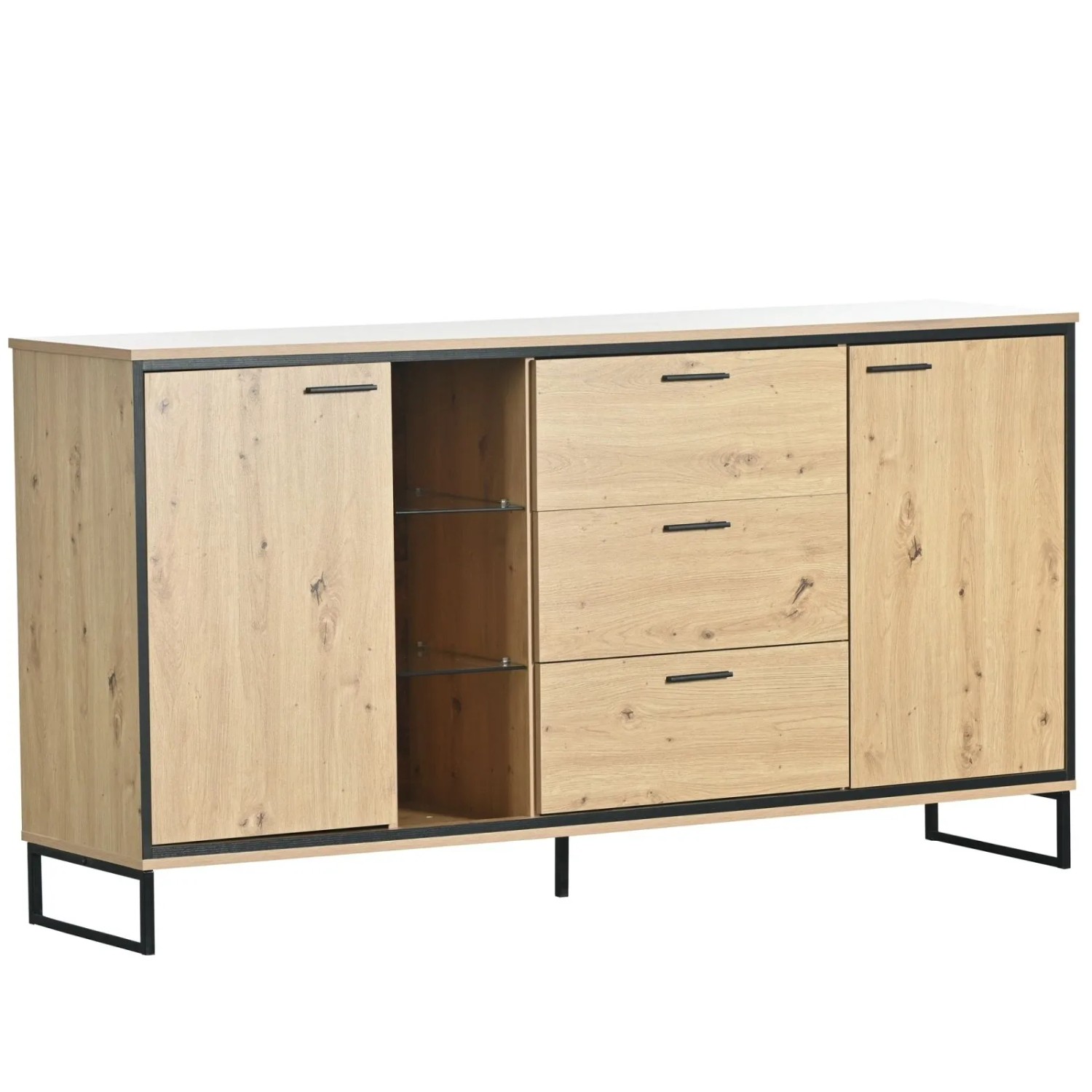 Sideboard 160x40x85 cm mit 3 Schubladen  Glasfächern und Metallfüßen in Holzfarbe
