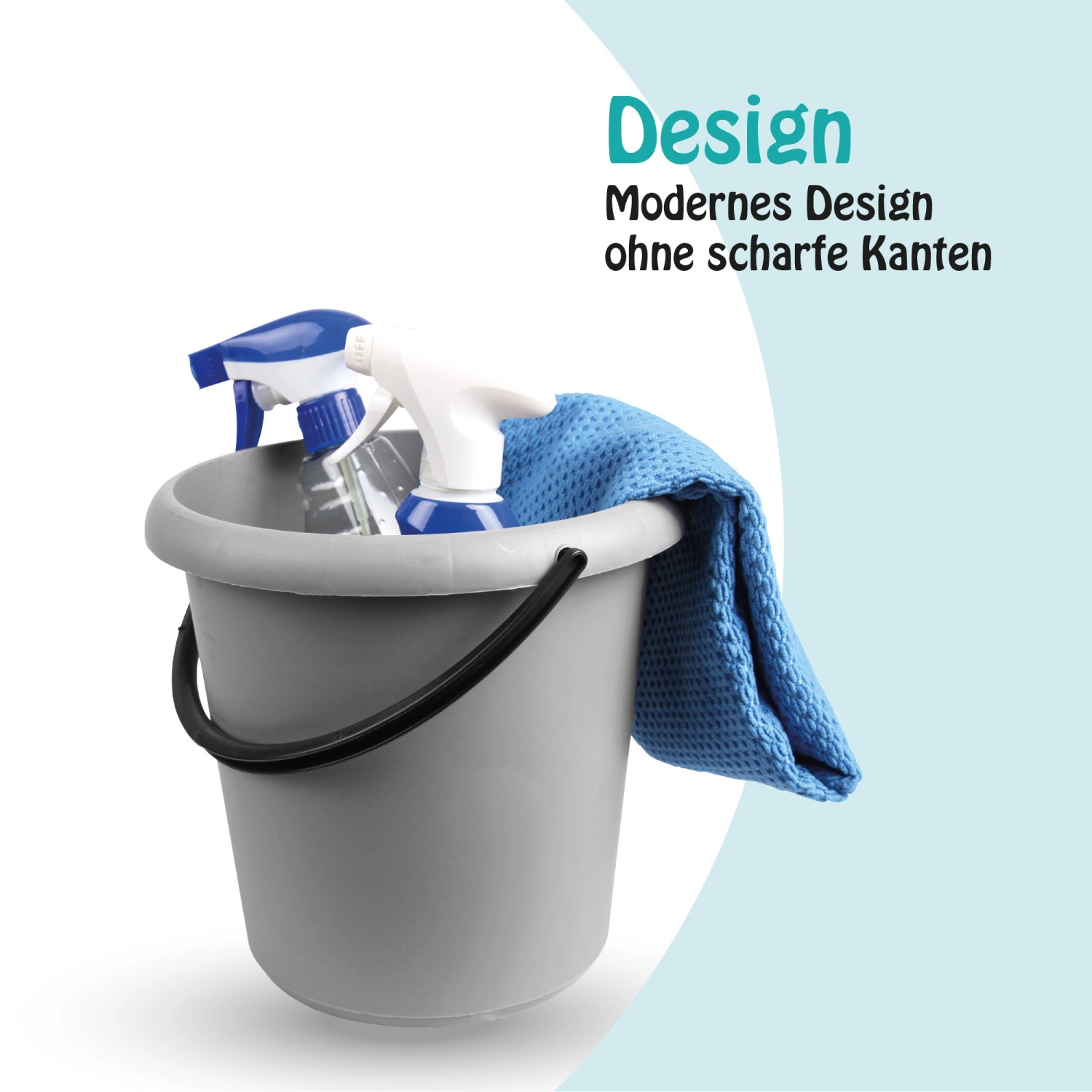 Anthrazitfarbener 5L ProHome Eimer mit Putzmitteln und blauem Tuch. Ideal für die Reinigung.
