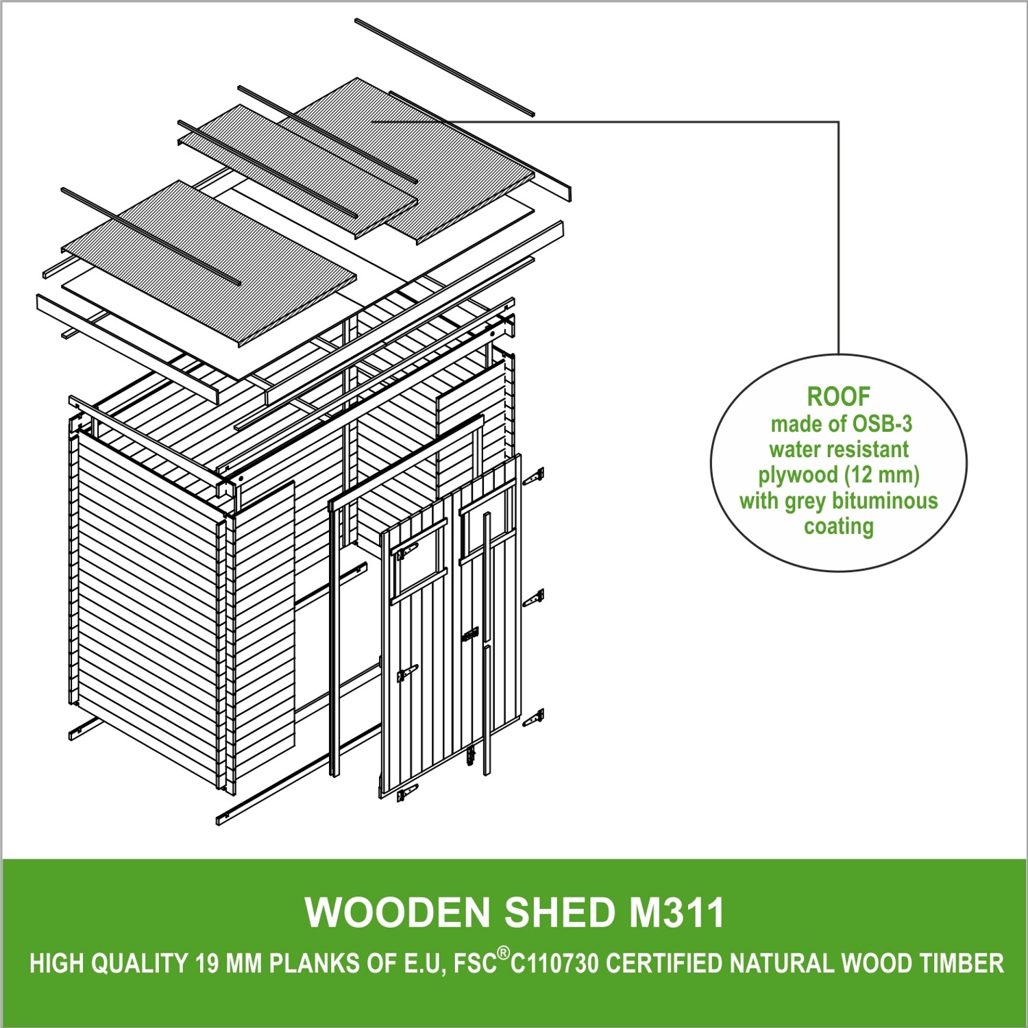 Explosionszeichnung Timbela Gartenhaus M311: Holz-Fahrradschuppen mit OSB-3 Dach und Bitumenbeschichtung.
