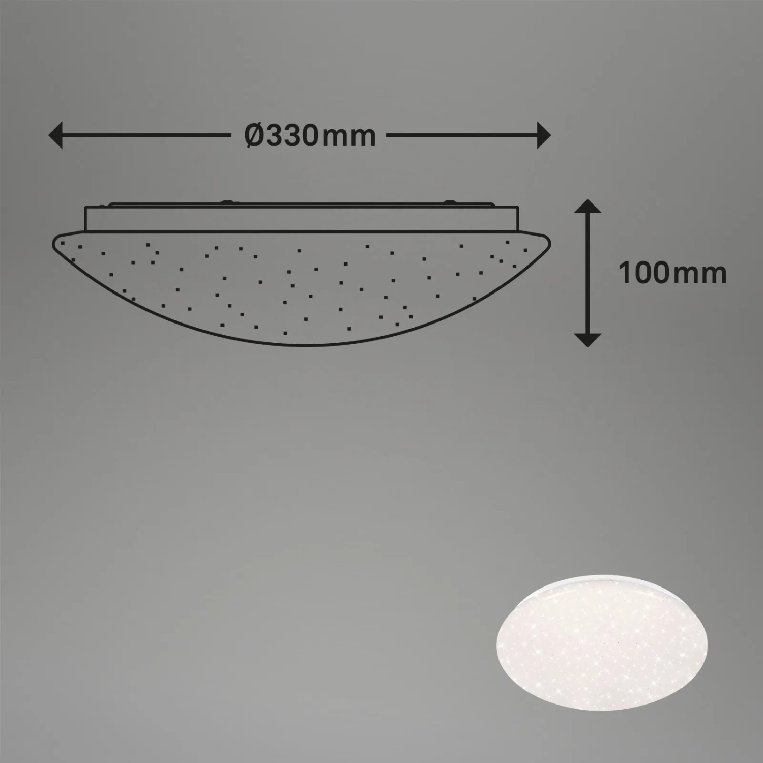 Skizze der Brilo LED-Deckenleuchte Barny S, dimmbar, weiß, mit Maßangaben und Produktabbildung.