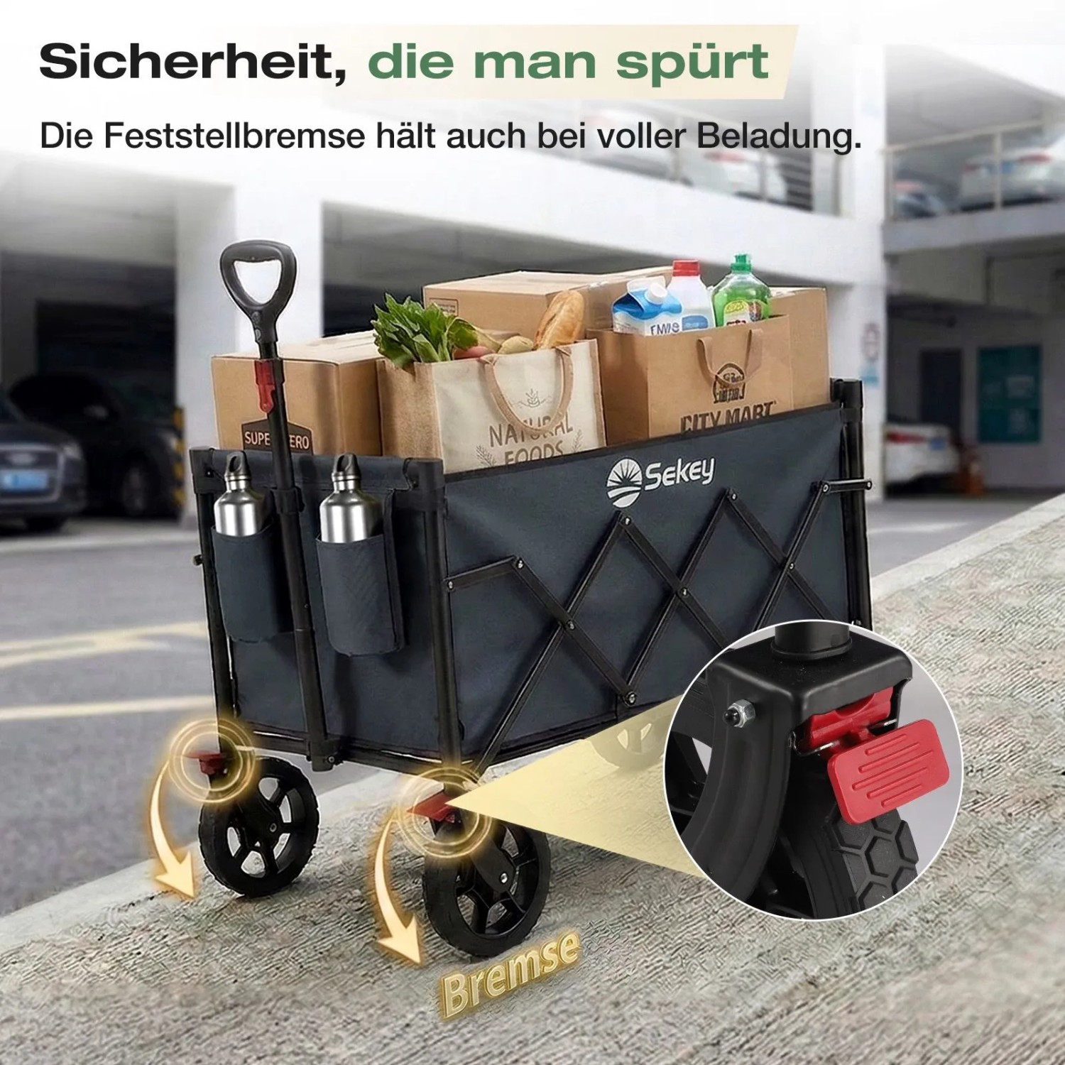 Sekey Bollerwagen, faltbar, grau, mit Bremse und Lebensmitteln beladen. Ideal für Camping & Alltag.