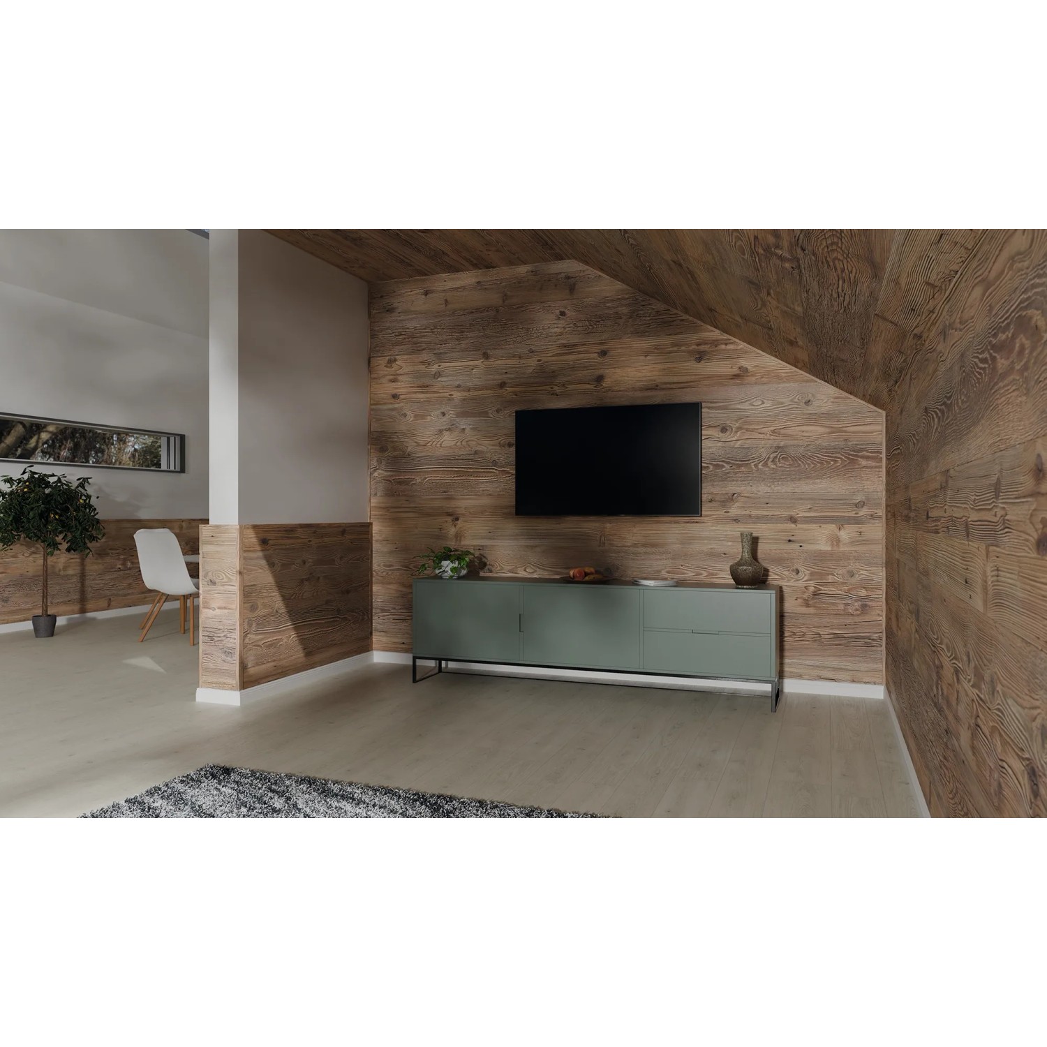 Wohnraum mit Egger Faltleiste Decowall FL001 Namur in Fichte Natur als Wandverkleidung.